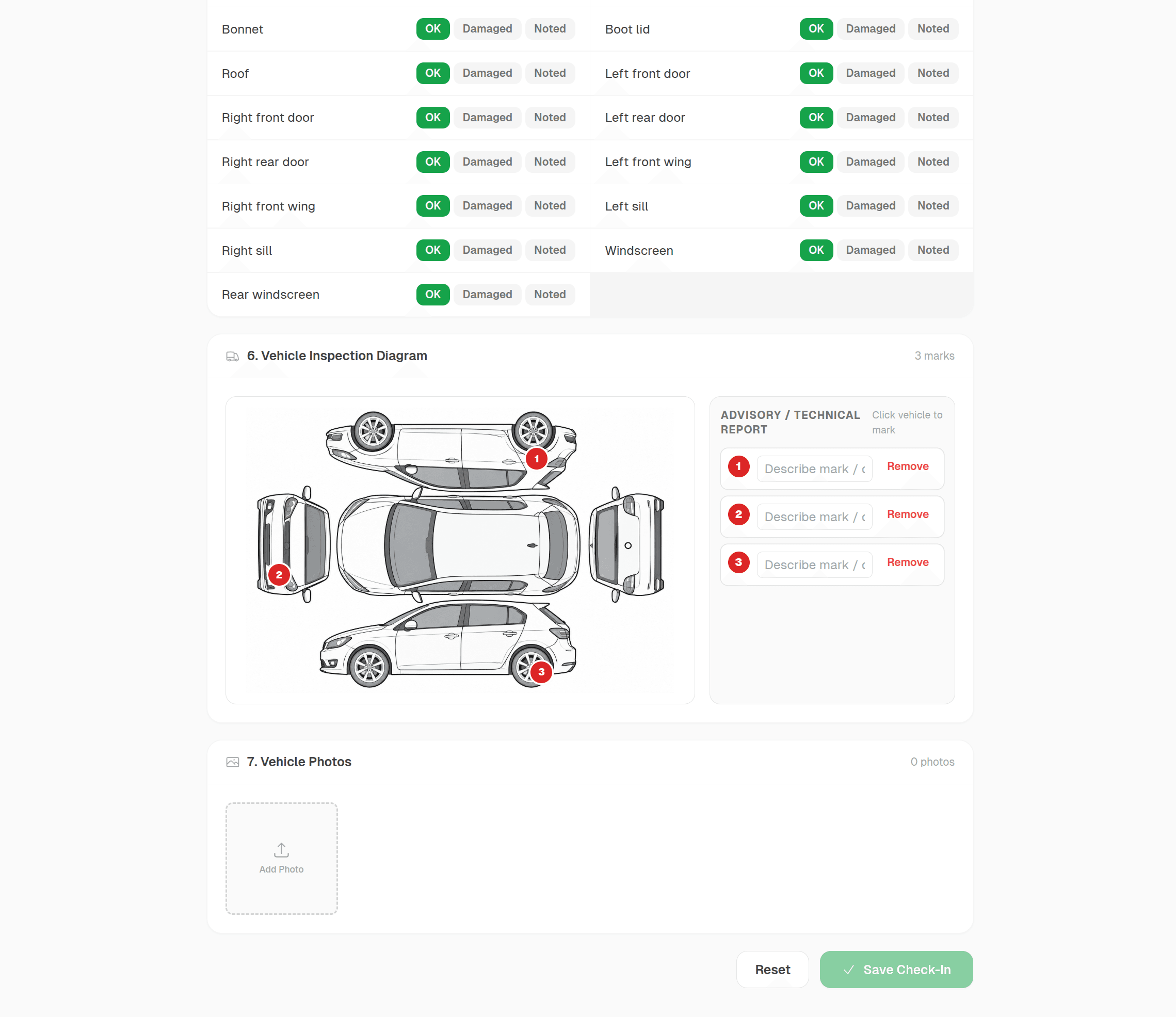AutoDex vehicle check-in and inspection screen