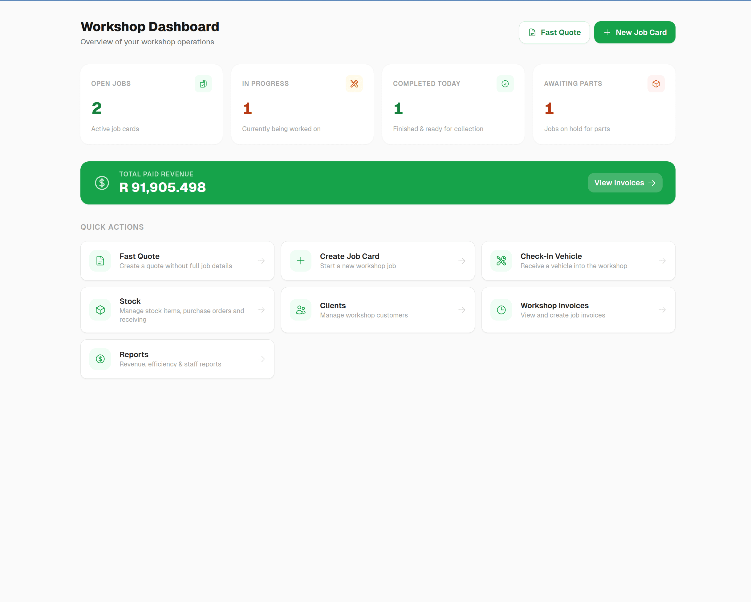 AutoDex workshop dashboard screen