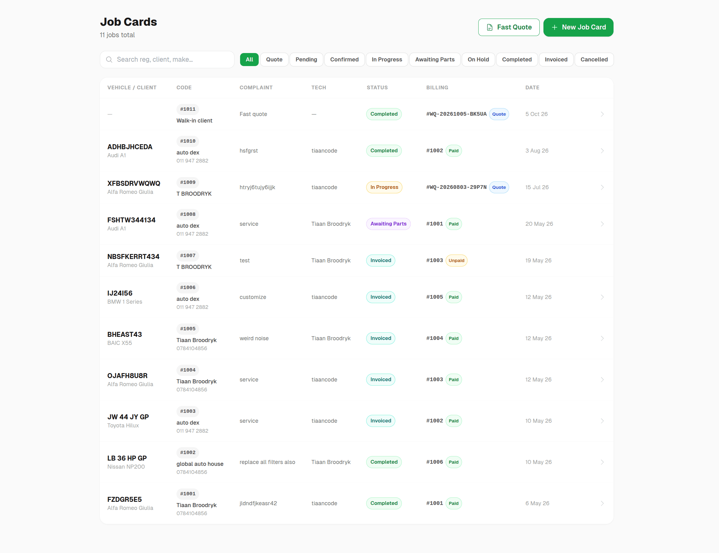 AutoDex job card management screen