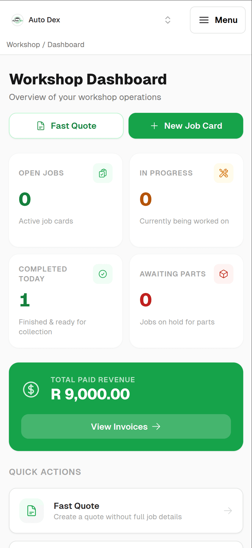 AutoDex mobile interface