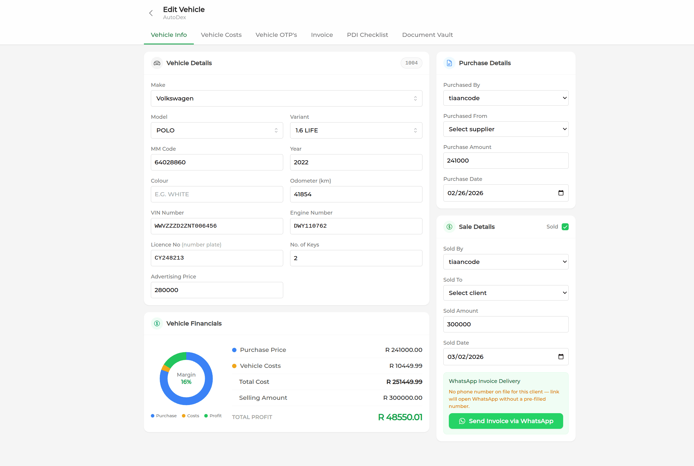 AutoDex vehicle inventory management screen