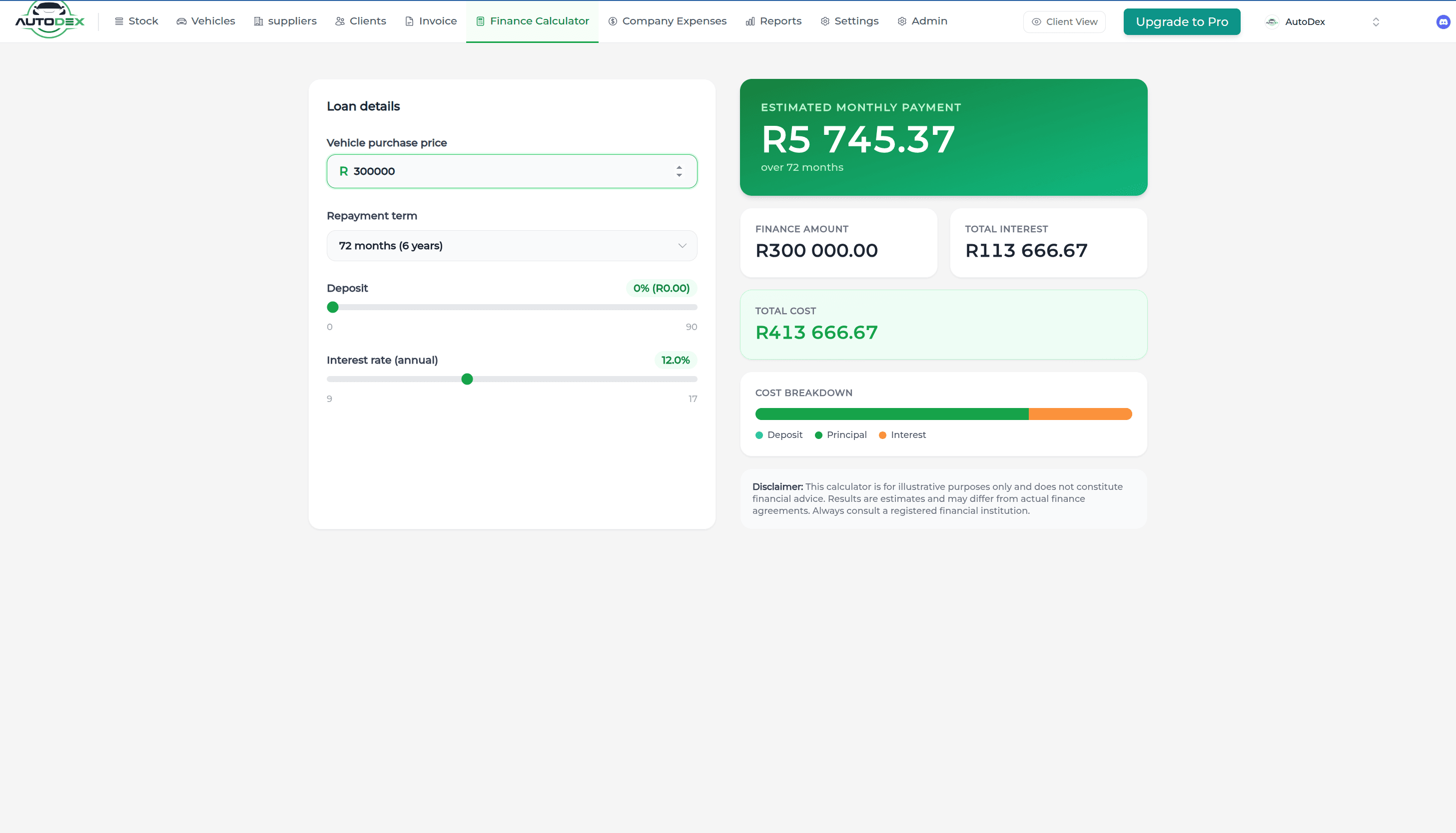 AutoDex finance calculator