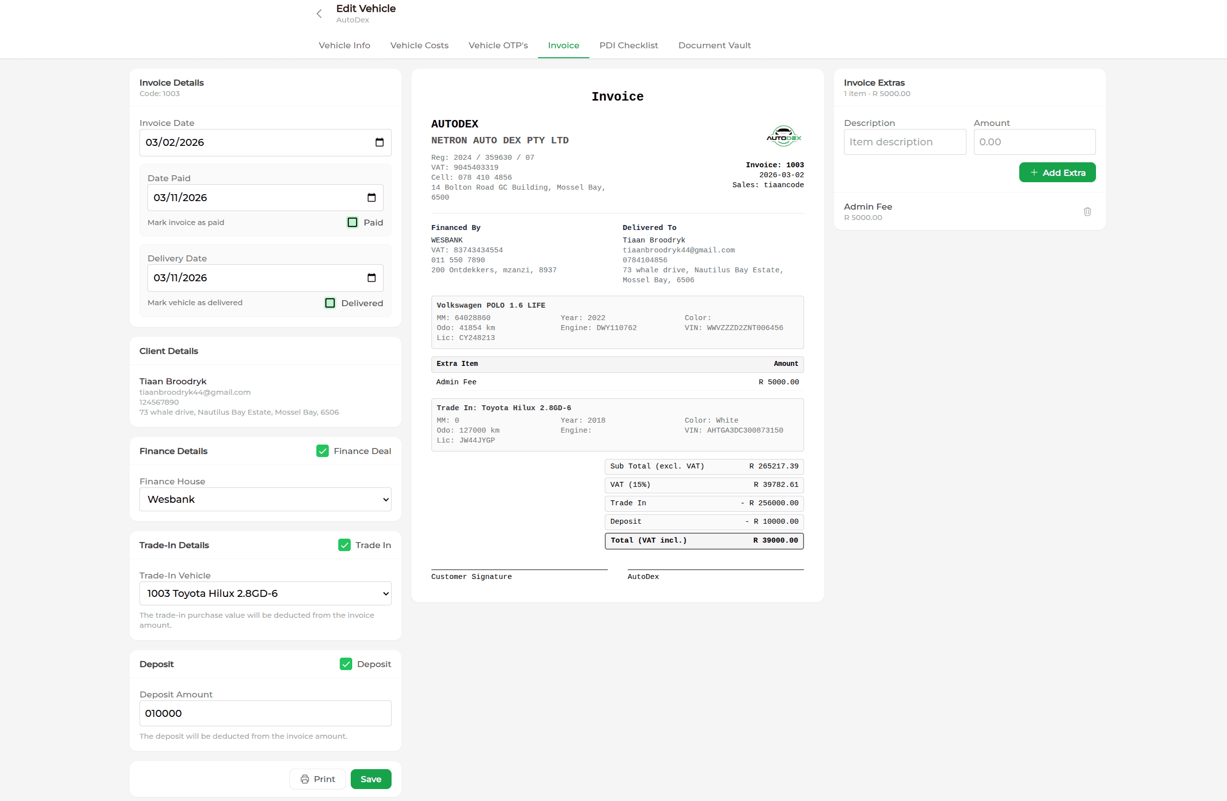 AutoDex vehicle invoice system