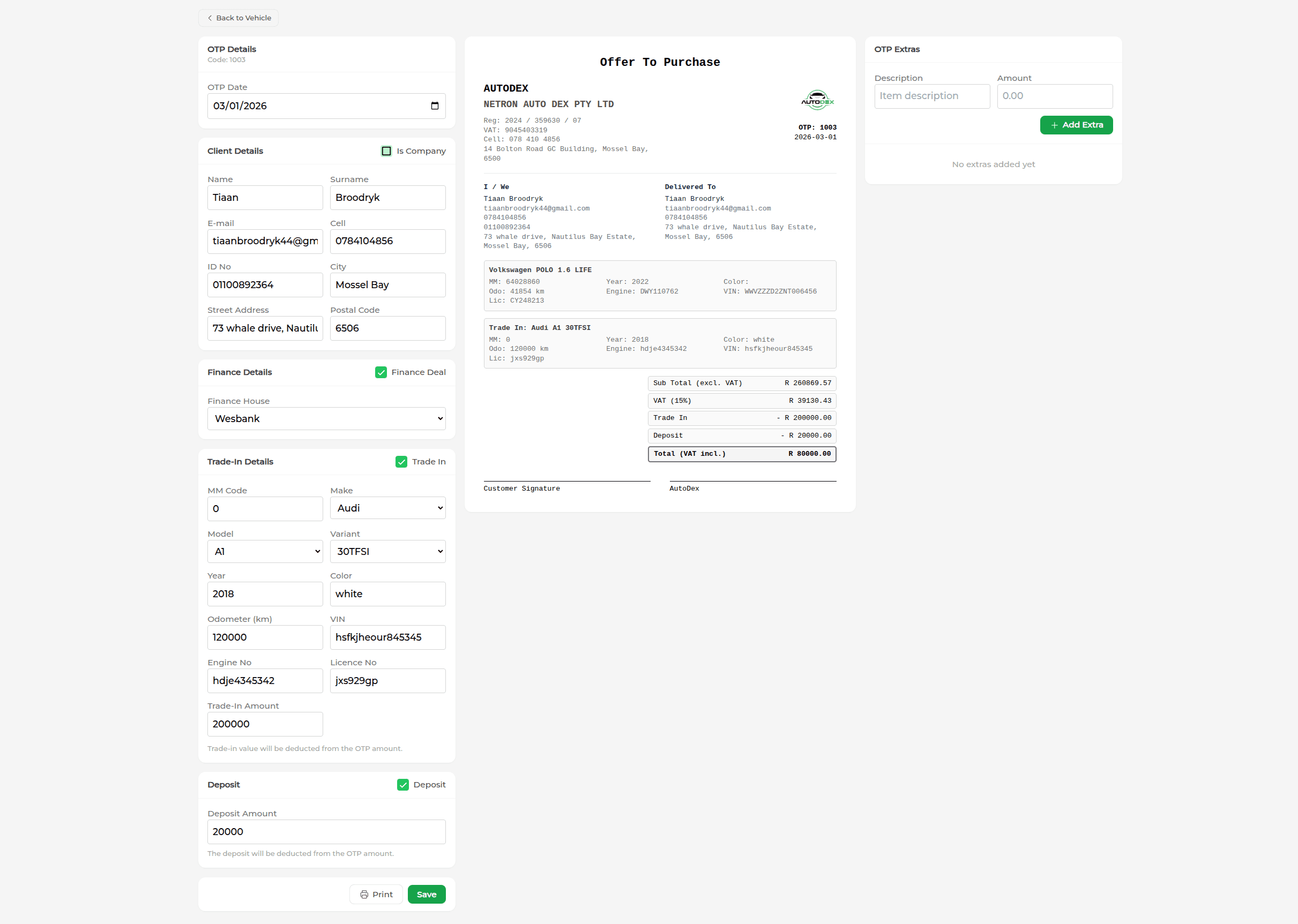 AutoDex OTP creation screen
