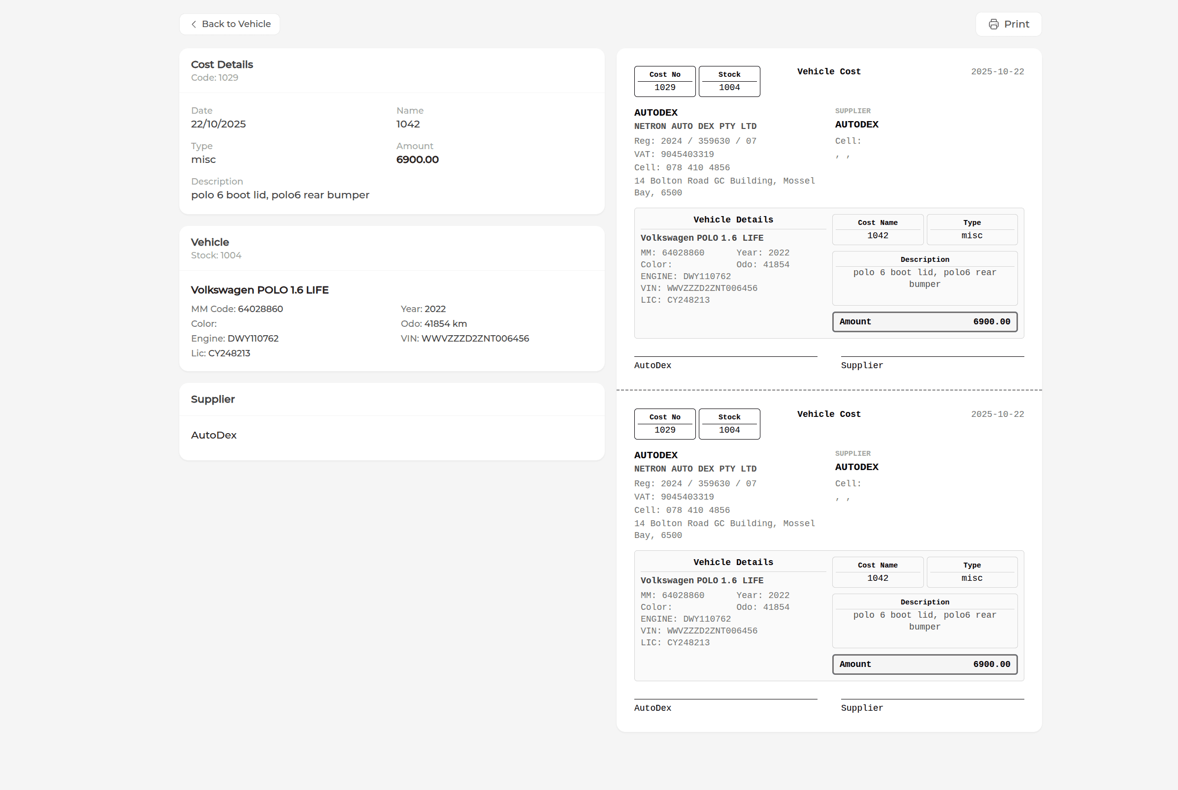 AutoDex printable vehicle cost sheet