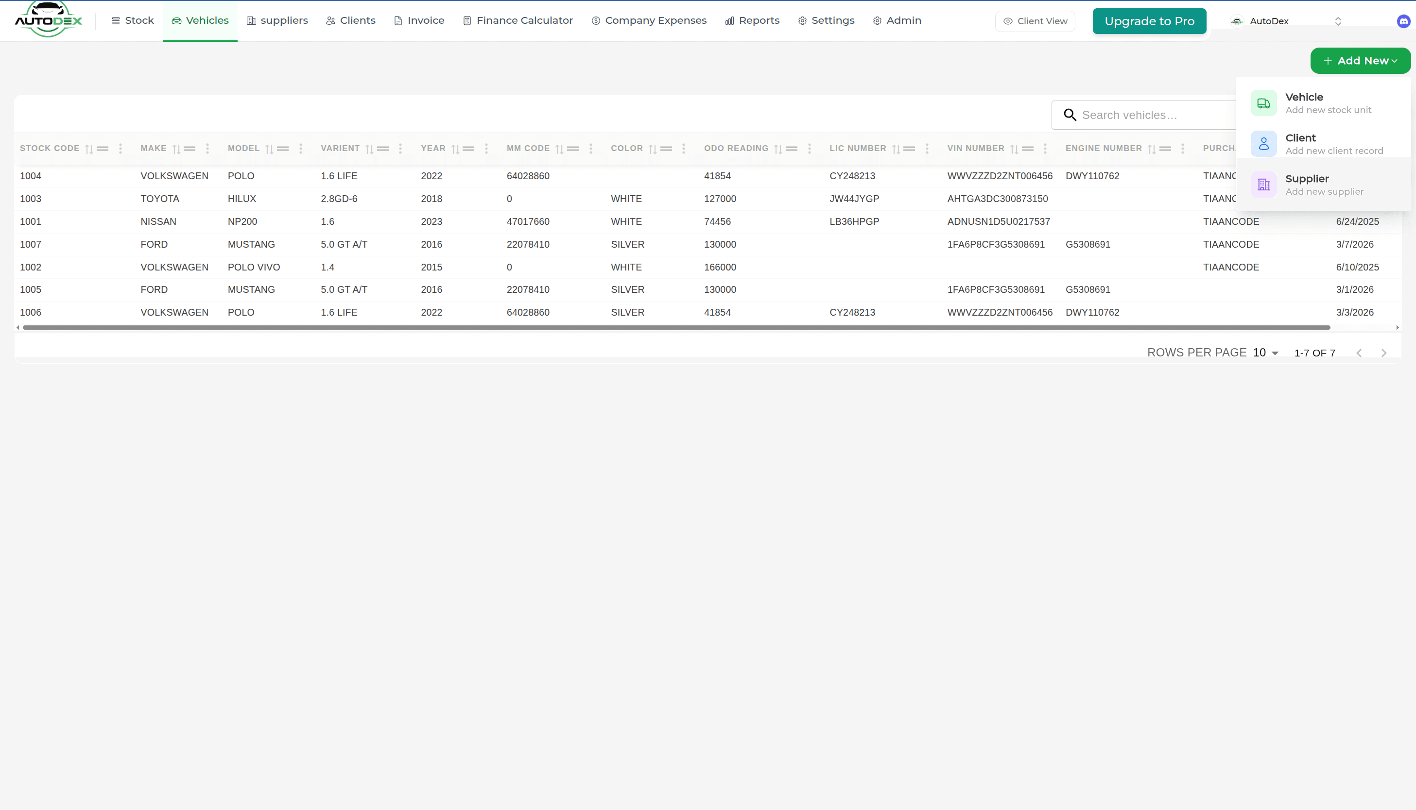 AutoDex vehicle stock list