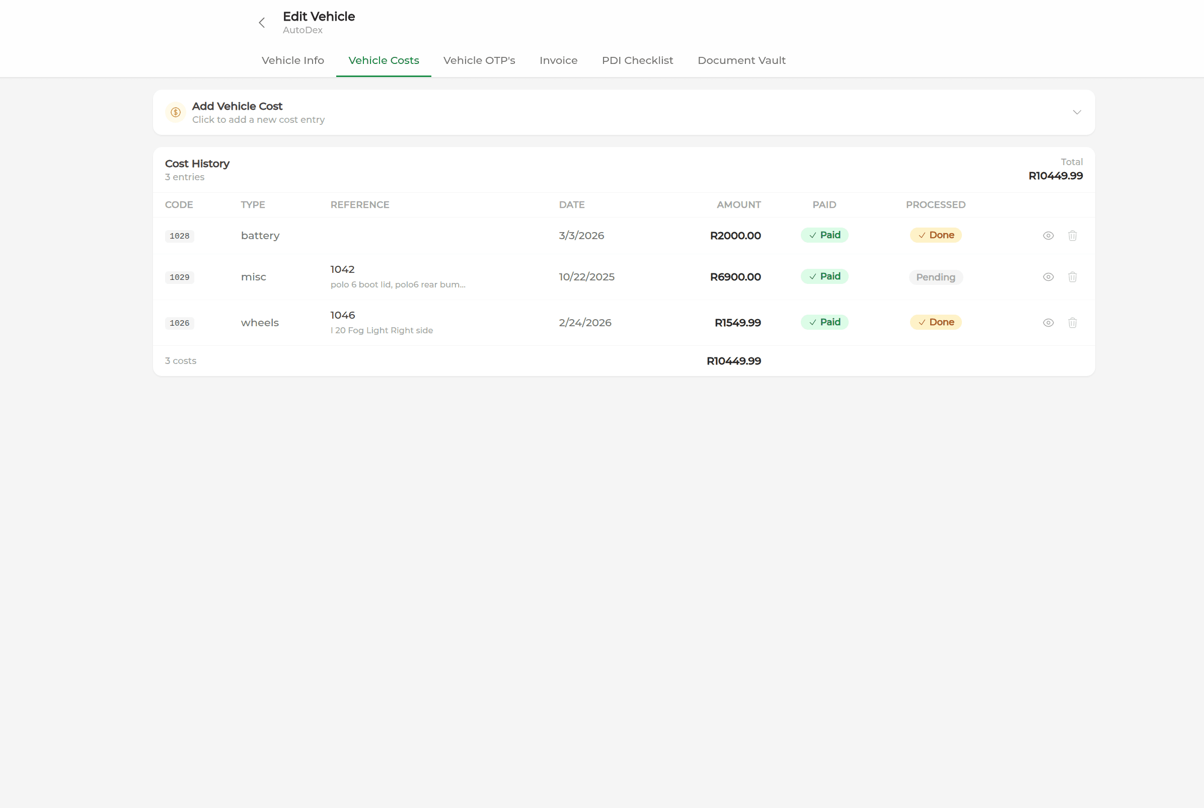 AutoDex vehicle cost tracking screen